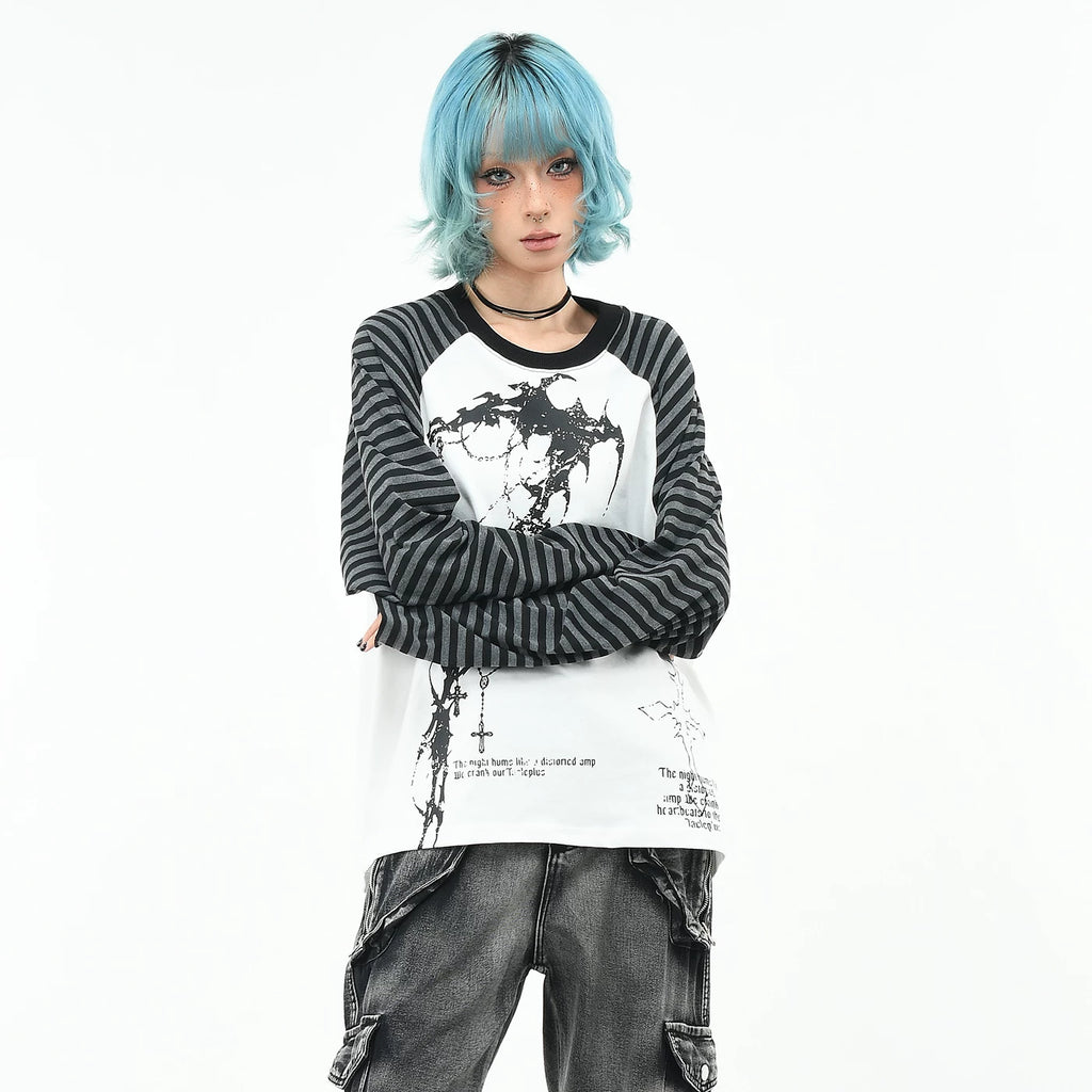 OV original/subculture Gothic style striped contrasting long sleeved T-shirt for men and women in autumn, loose dark raglan top