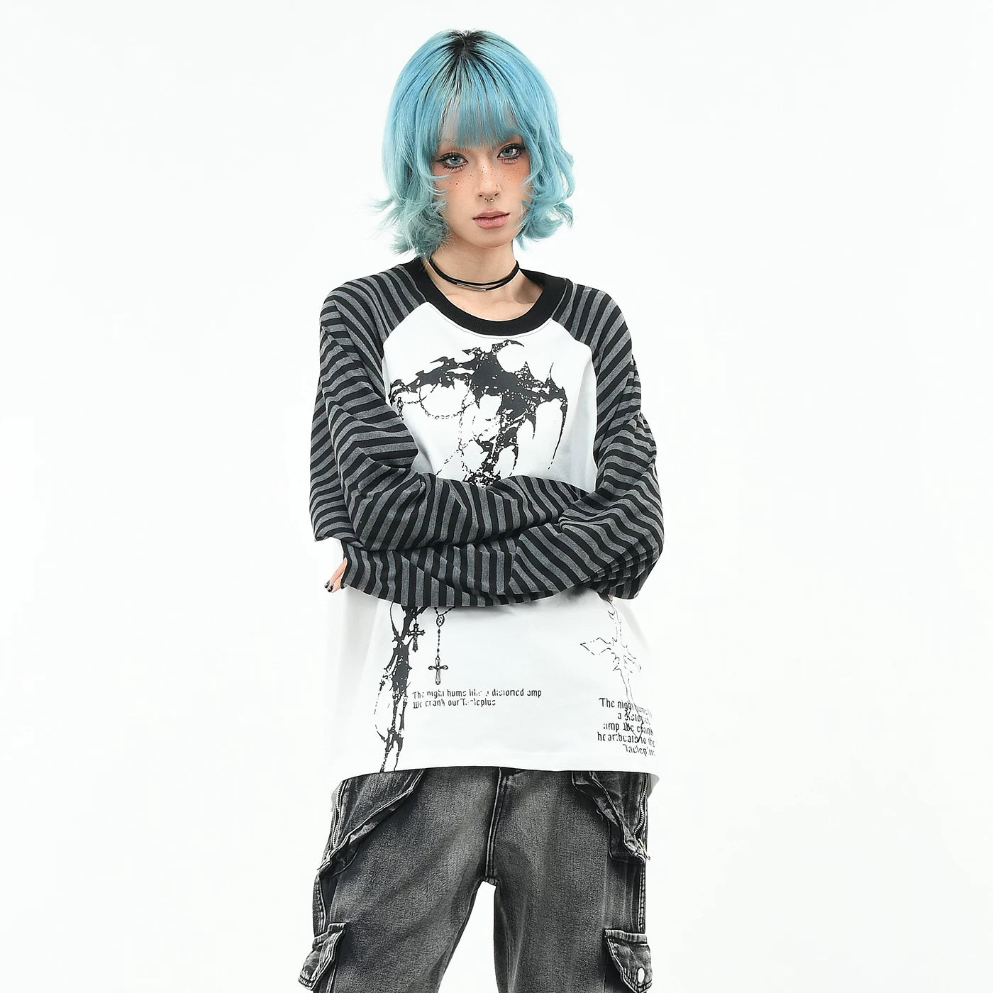 OV original/subculture Gothic style striped contrasting long sleeved T-shirt for men and women in autumn, loose dark raglan top