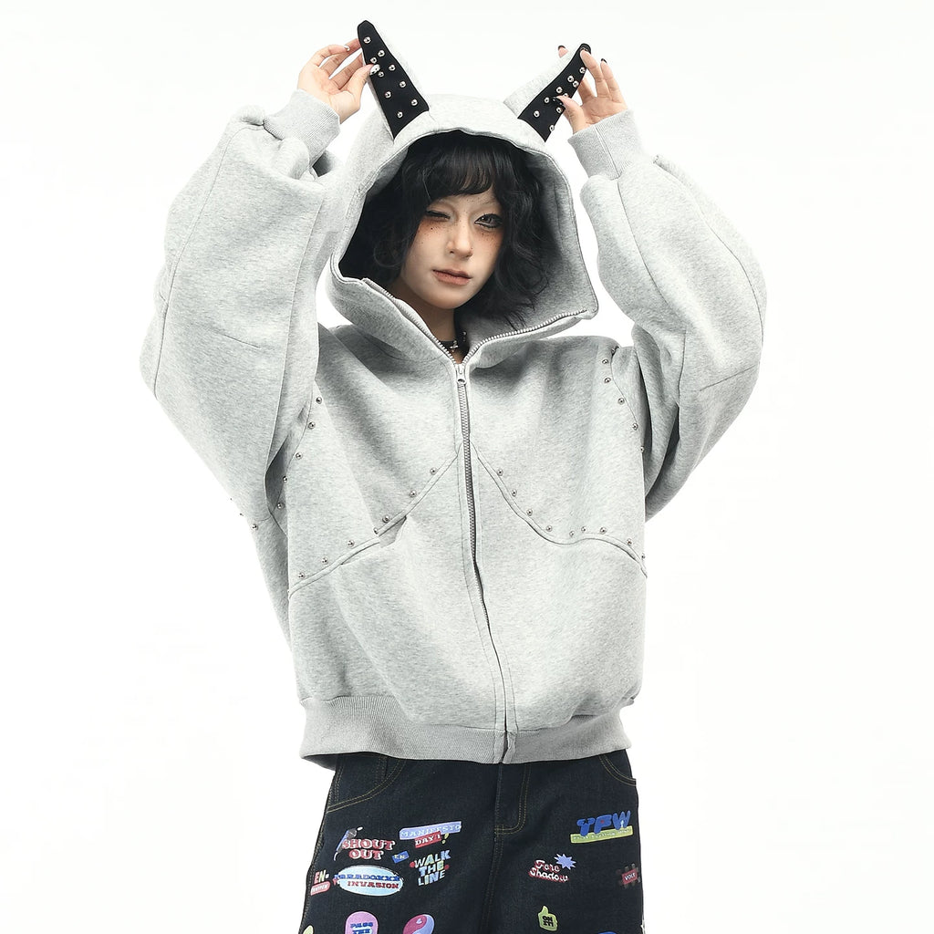 OV original American dog ear design hooded sweatshirt for men and women, autumn loose rivet splicing couple cardigan jacket