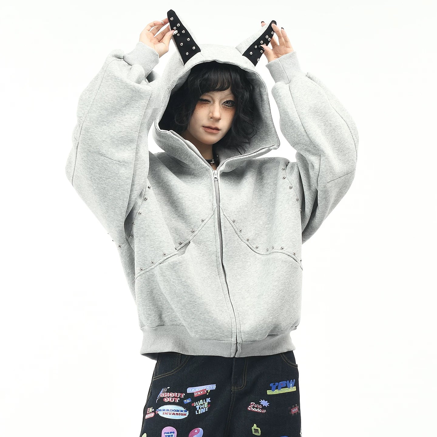 OV original American dog ear design hooded sweatshirt for men and women, autumn loose rivet splicing couple cardigan jacket