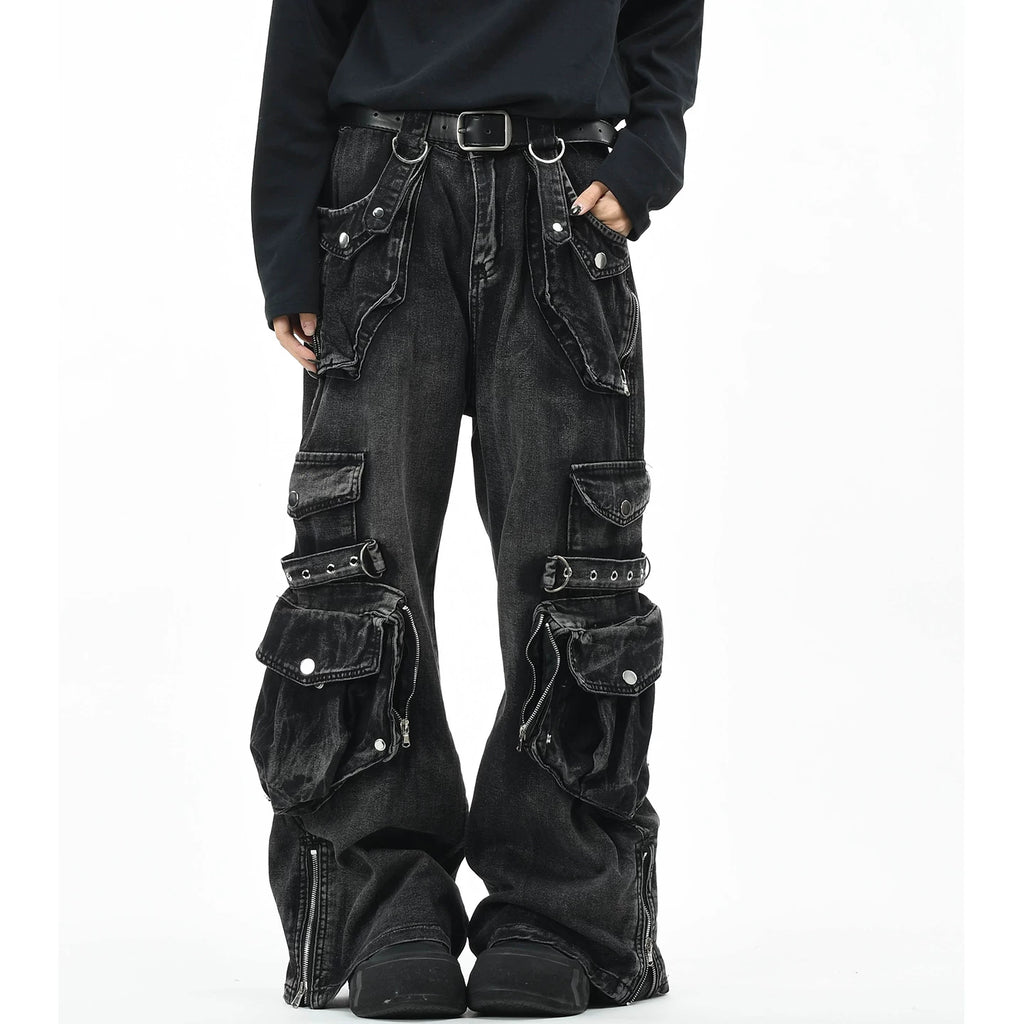 OV original American heavy industry vintage washed multi pocket workwear jeans for men and women loose wide leg punk style pants