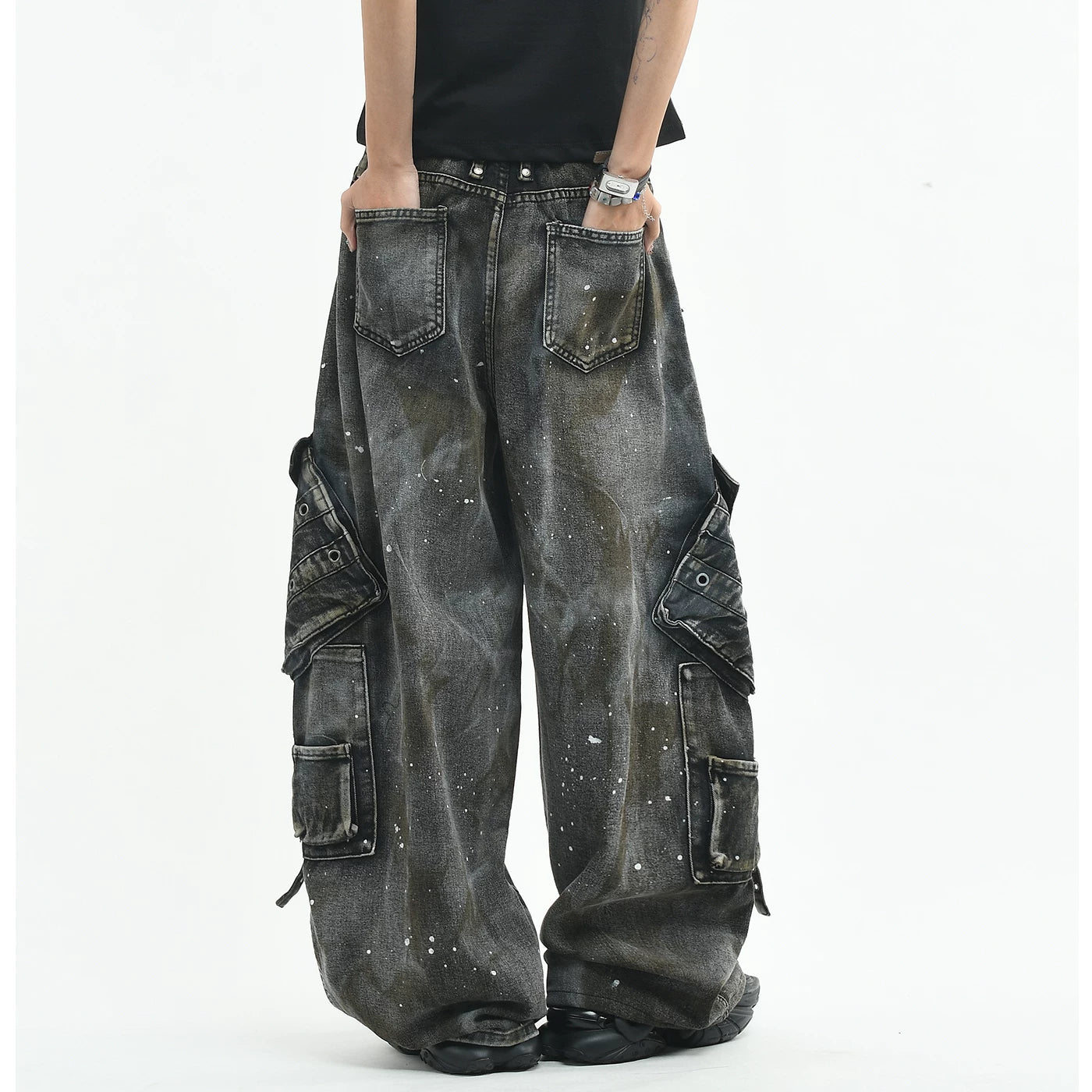 OV original American heavyweight deconstruction multi pocket vintage curved jeans for men and women loose wide leg splashed ink long pants
