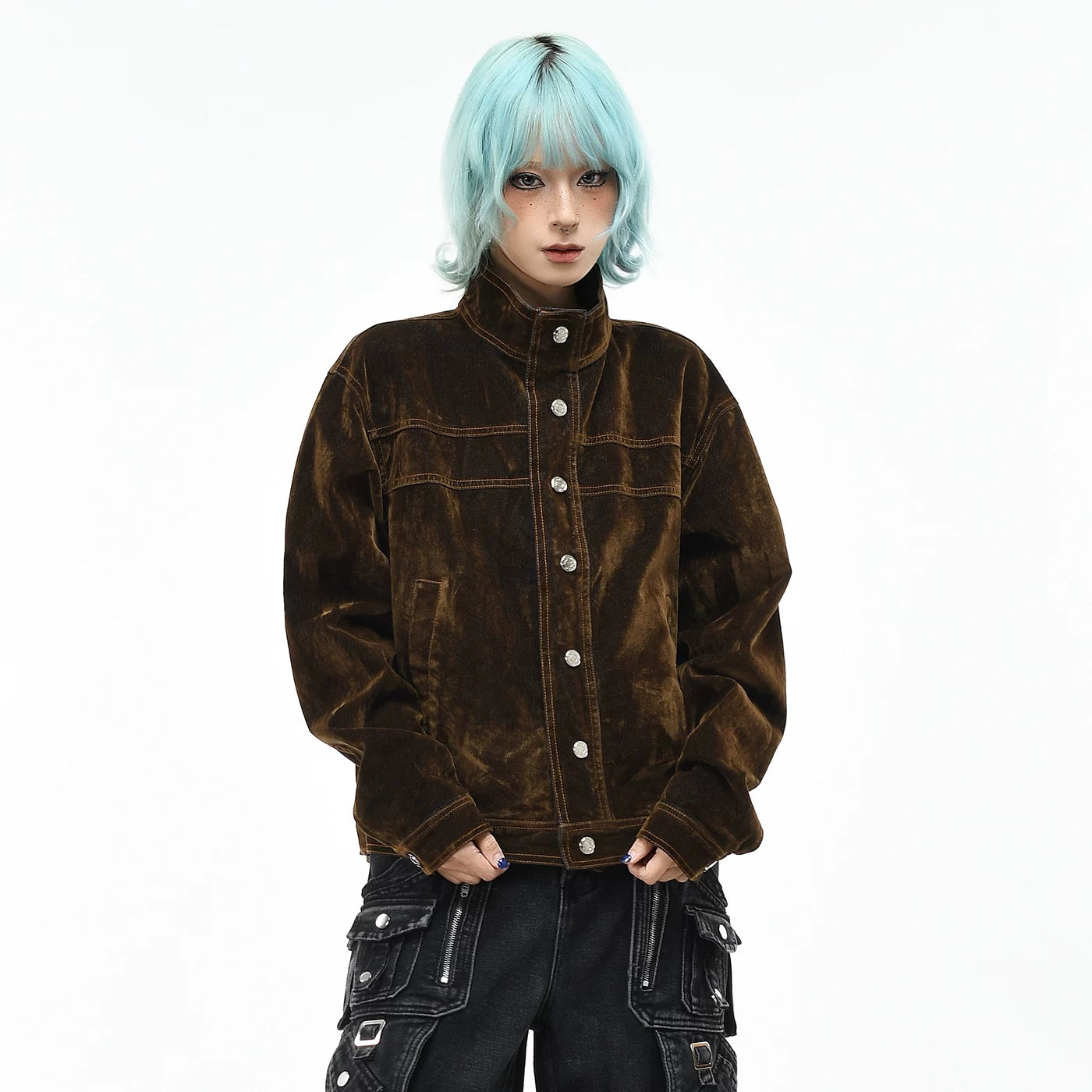 OV Original American Retro Suede Design Denim Jacket for Men and Women in Autumn, Loose Short, Clear Line Stand up Collar, Trendy