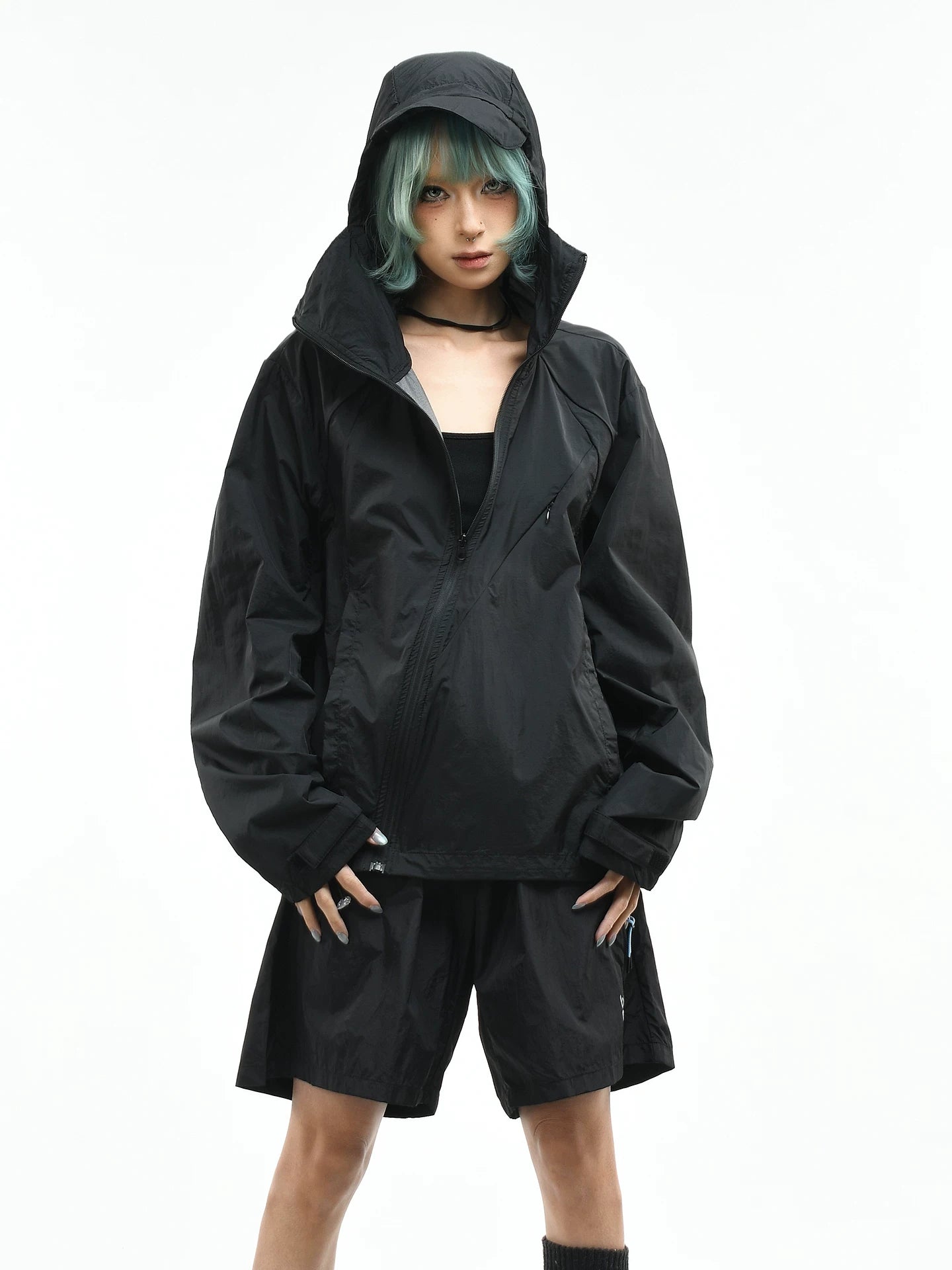 OV original diagonal zipper design outdoor hooded sunscreen jacket for women, summer loose breathable quick drying sunscreen jacket for men