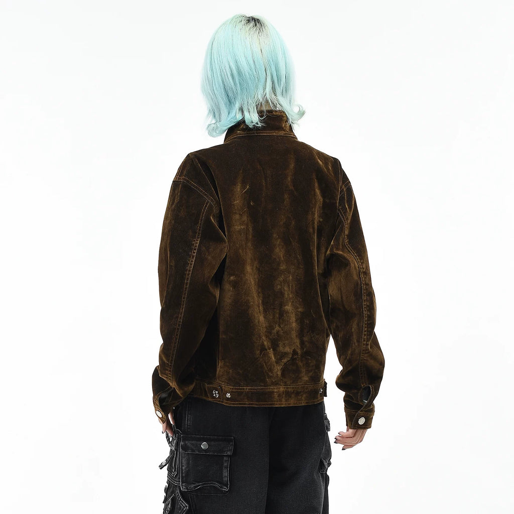 OV Original American Retro Suede Design Denim Jacket for Men and Women in Autumn, Loose Short, Clear Line Stand up Collar, Trendy