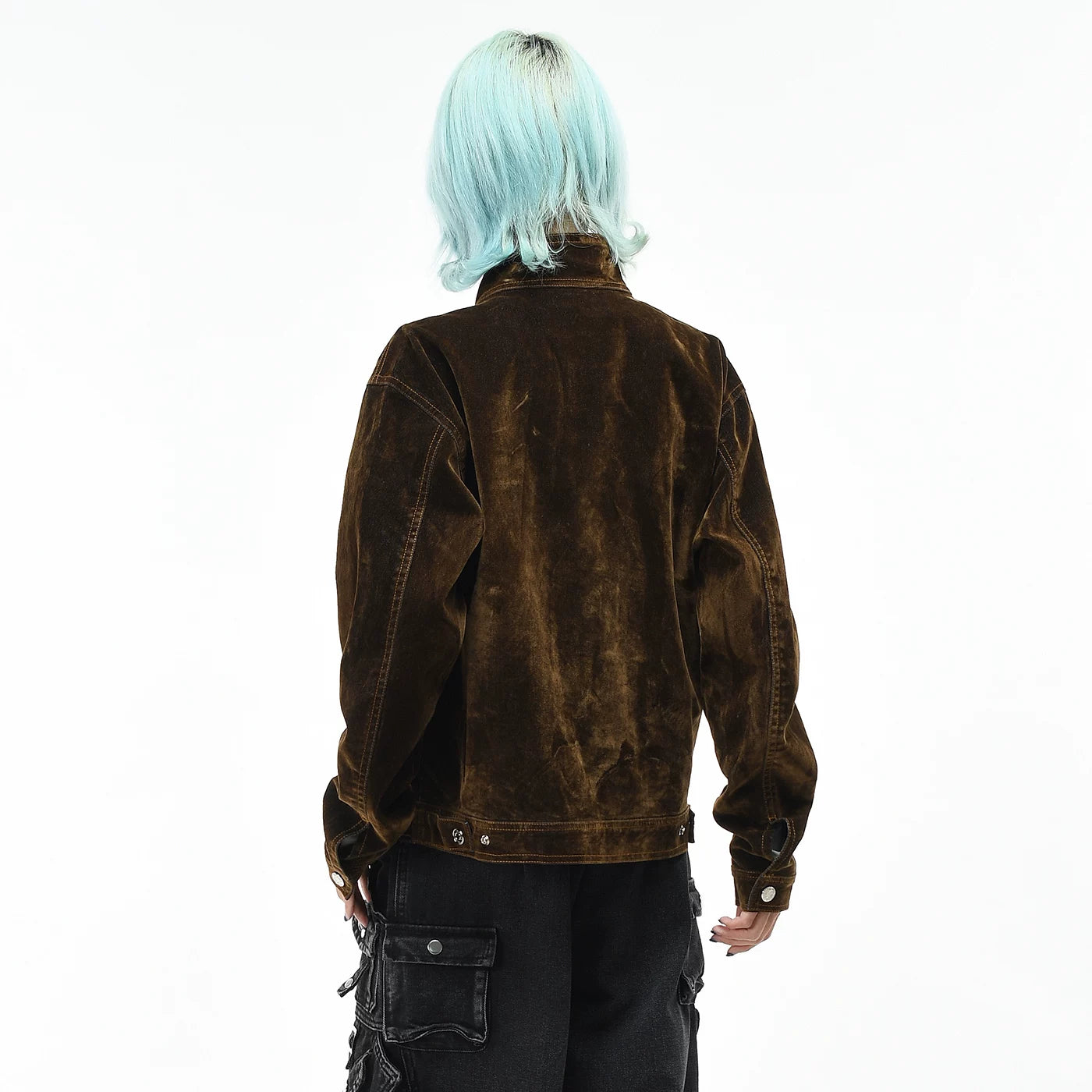 OV Original American Retro Suede Design Denim Jacket for Men and Women in Autumn, Loose Short, Clear Line Stand up Collar, Trendy