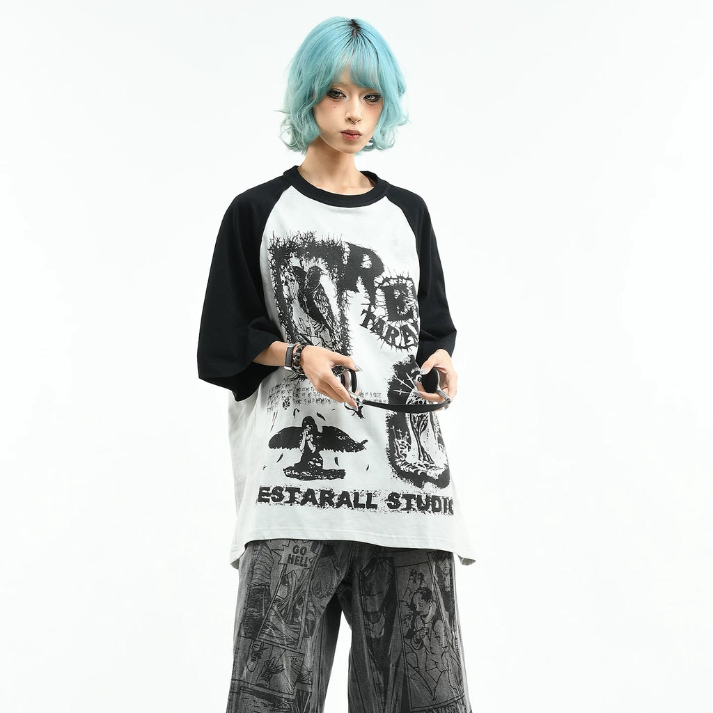 OV Original/Dark Color Contrast Splicing Graffiti Short Sleeve T-shirt for Men and Women Summer Trendy Brand Loose Dirty Stained Half Sleeve Top