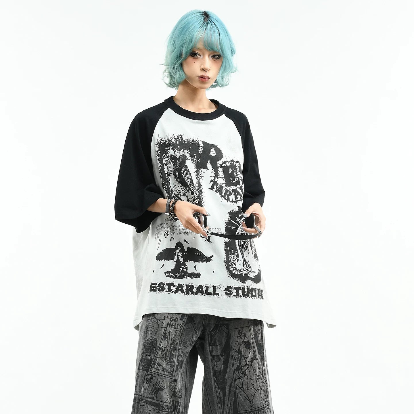 OV Original/Dark Color Contrast Splicing Graffiti Short Sleeve T-shirt for Men and Women Summer Trendy Brand Loose Dirty Stained Half Sleeve Top