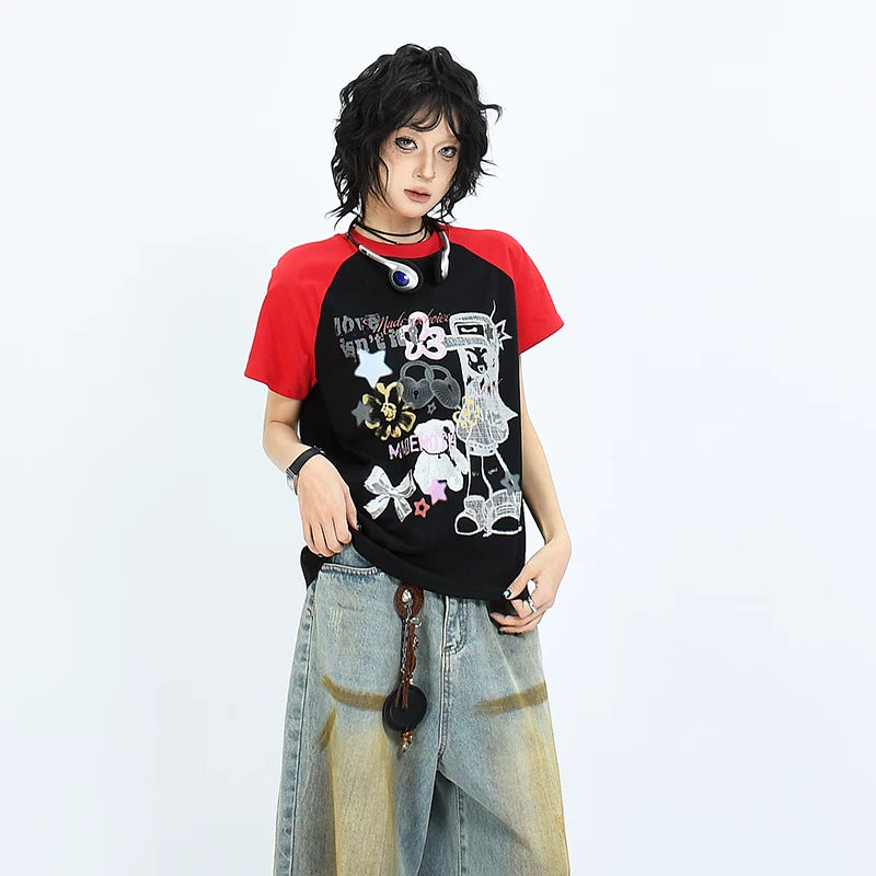 OV original/American fun cartoon printed short sleeved T-shirt for women in summer with raglan sleeves and contrasting color front shoulder short top trend