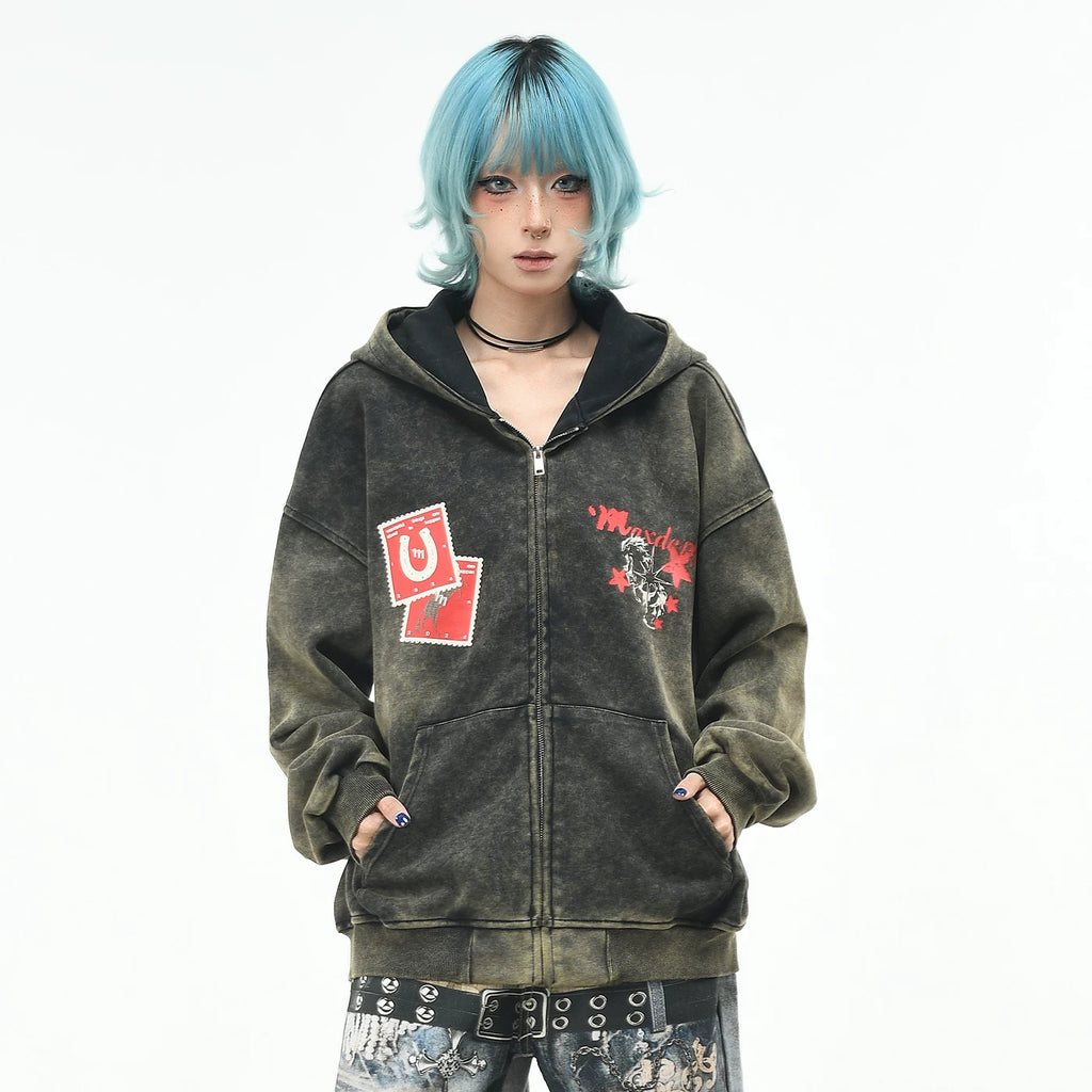 OV original American retro distressed dirty dye cardigan hooded sweatshirt for men and women BF autumn loose zipper trendy brand jacket