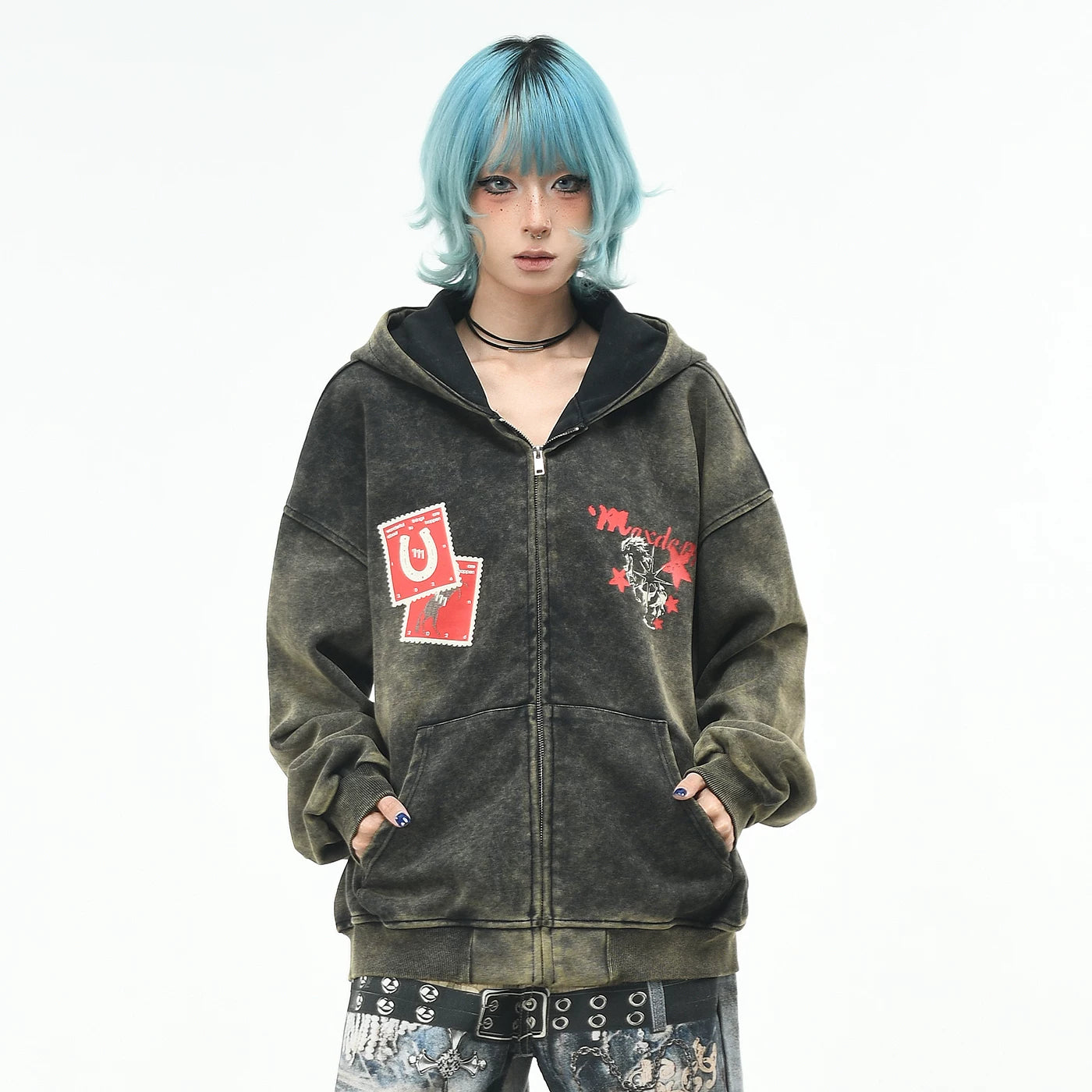 OV original American retro distressed dirty dye cardigan hooded sweatshirt for men and women BF autumn loose zipper trendy brand jacket