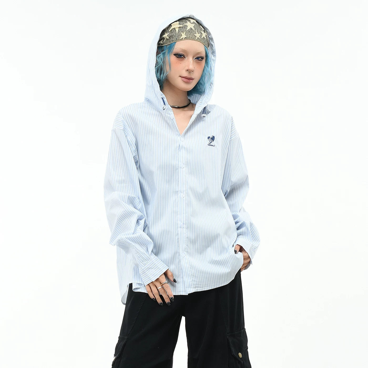 OV original college style vertical striped hooded long sleeved shirt for men and women in autumn, loose and versatile casual couple shirt trend