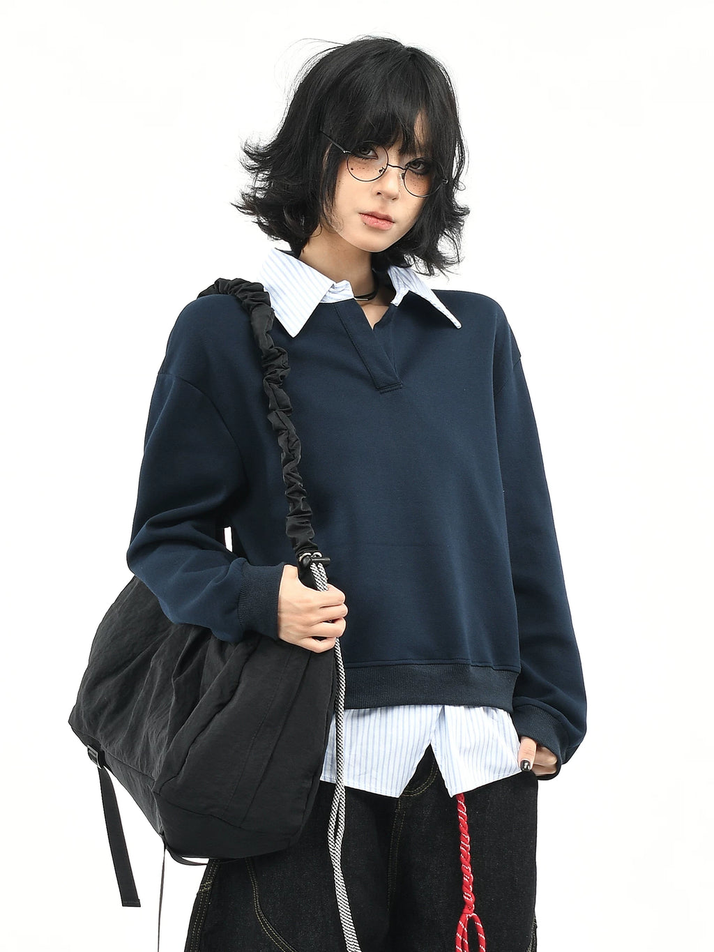 OV original American college style fake two-piece striped patchwork lapel sweatshirt for women's autumn loose casual long sleeved top