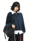 OV original American college style fake two-piece striped patchwork lapel sweatshirt for women's autumn loose casual long sleeved top