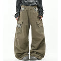 OV original American retro plaid patchwork multi pocket work pants for men and women, loose pleated washed casual pants, trendy