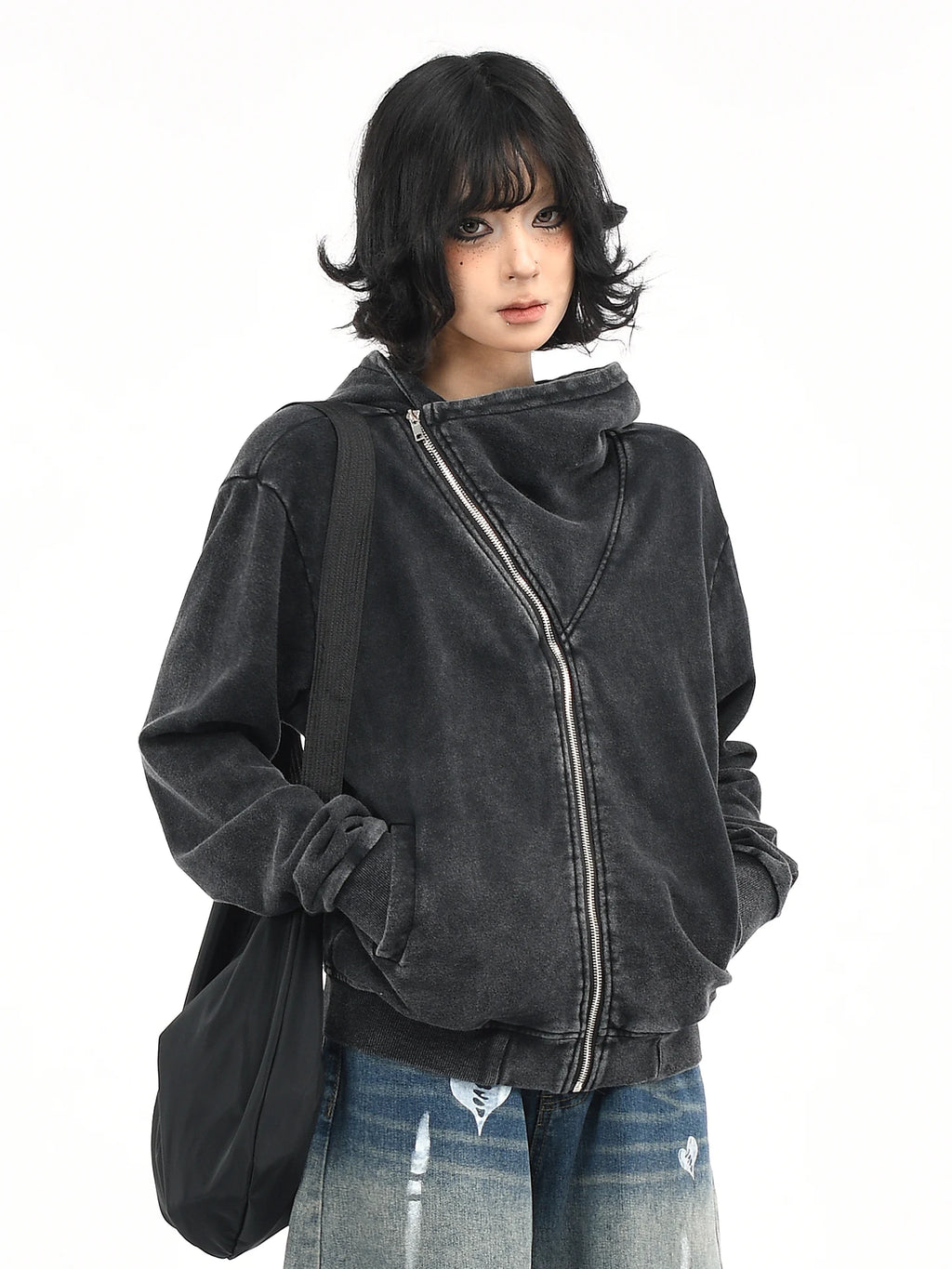 OV original American retro vintage washed short hooded sweatshirt for women in autumn, loose diagonal zipper cardigan jacket trendy