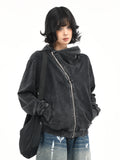 OV original American retro vintage washed short hooded sweatshirt for women in autumn, loose diagonal zipper cardigan jacket trendy