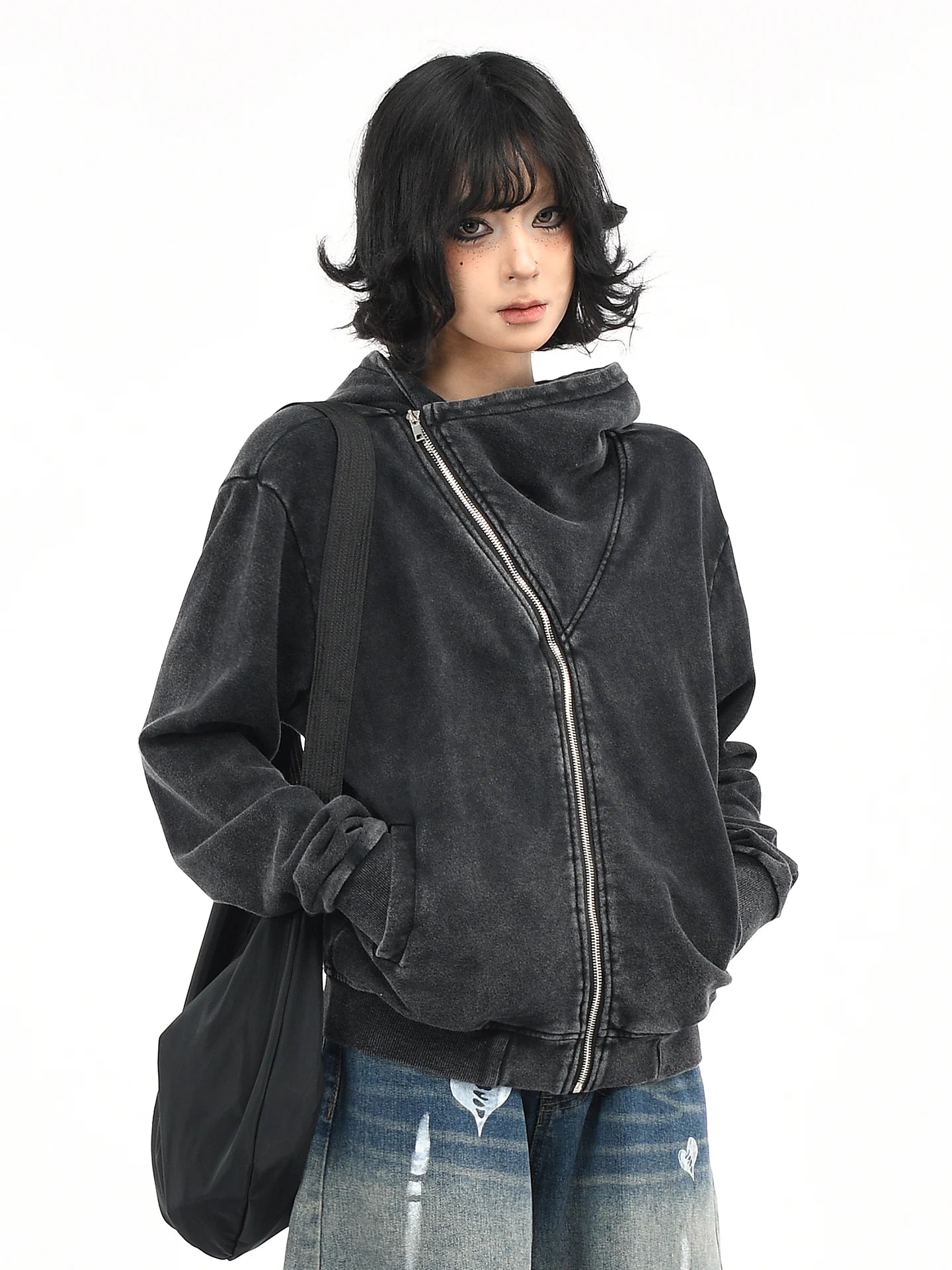 OV original American retro vintage washed short hooded sweatshirt for women in autumn, loose diagonal zipper cardigan jacket trendy