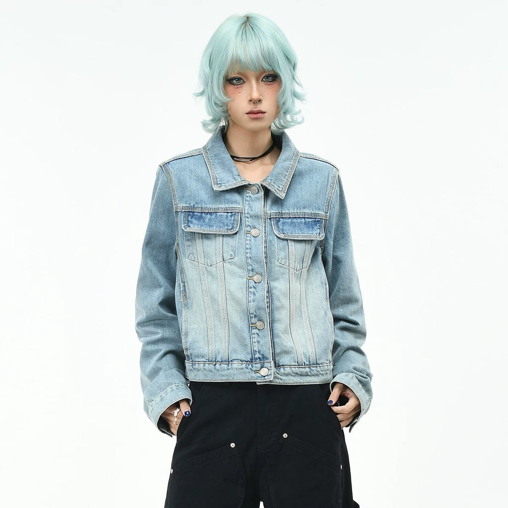 OV original high street retro deconstruction washed denim jacket women's autumn short slim fit jacket blue high-end trendy feeling