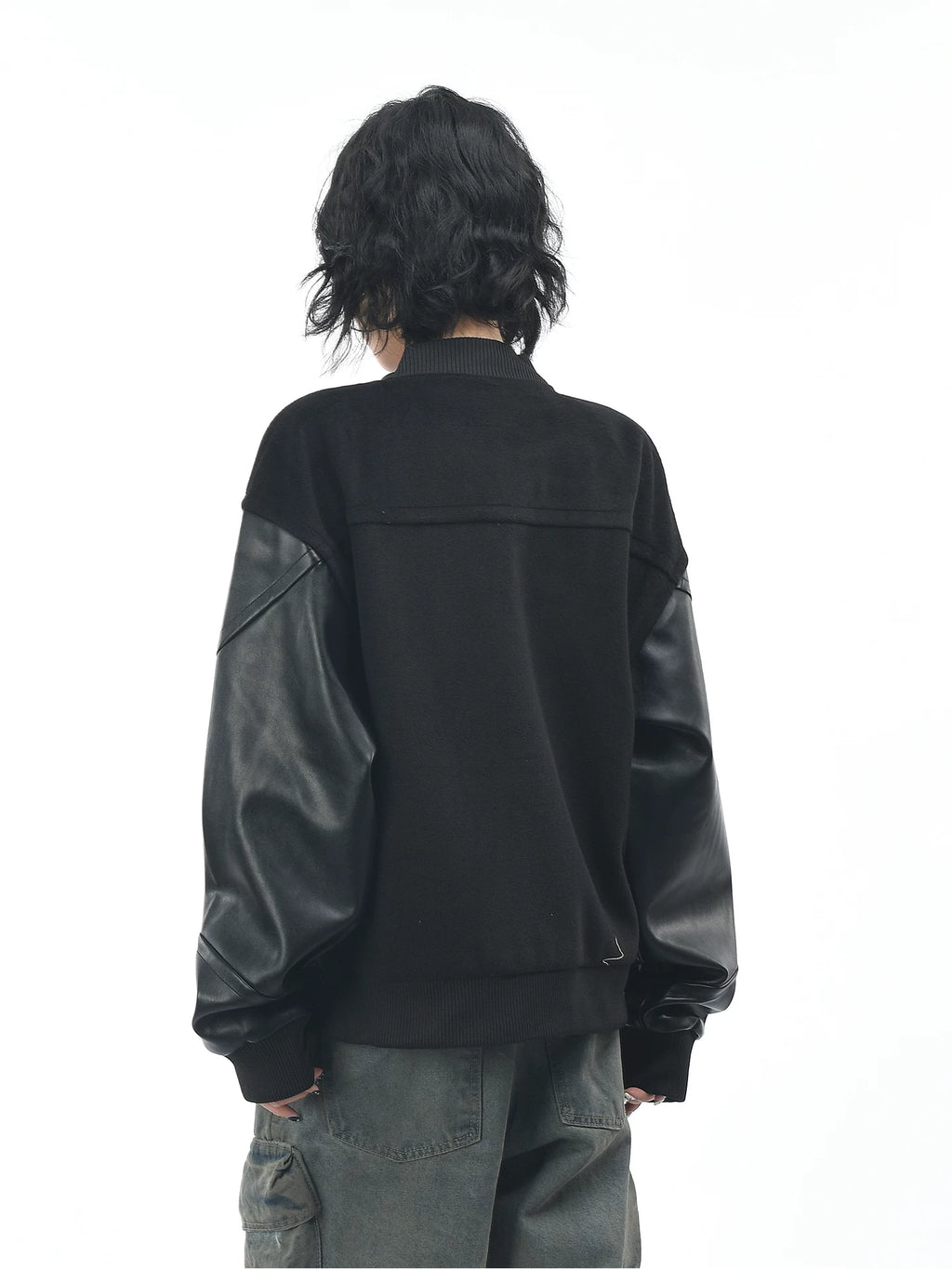 OV原创美式休闲解构PU皮拼接棒球服外套男女秋季街头宽松立领夹克