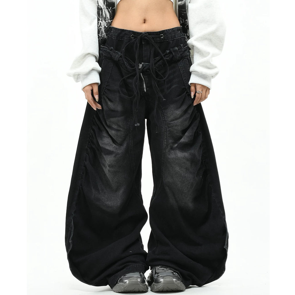 OV Original Waste Soil Wind Dirty Dyeing Used Double Waist Head Jeans for Men and Women Abi Wind Loose Wide Leg Folded Pants Trendy