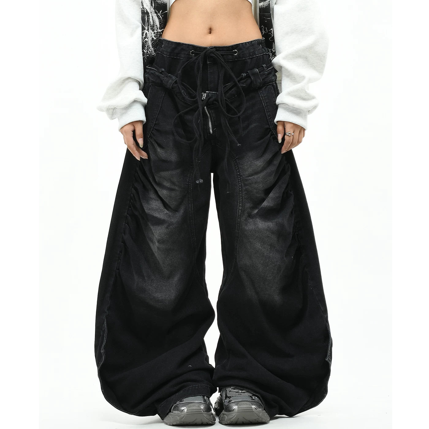OV Original Waste Soil Wind Dirty Dyeing Used Double Waist Head Jeans for Men and Women Abi Wind Loose Wide Leg Folded Pants Trendy
