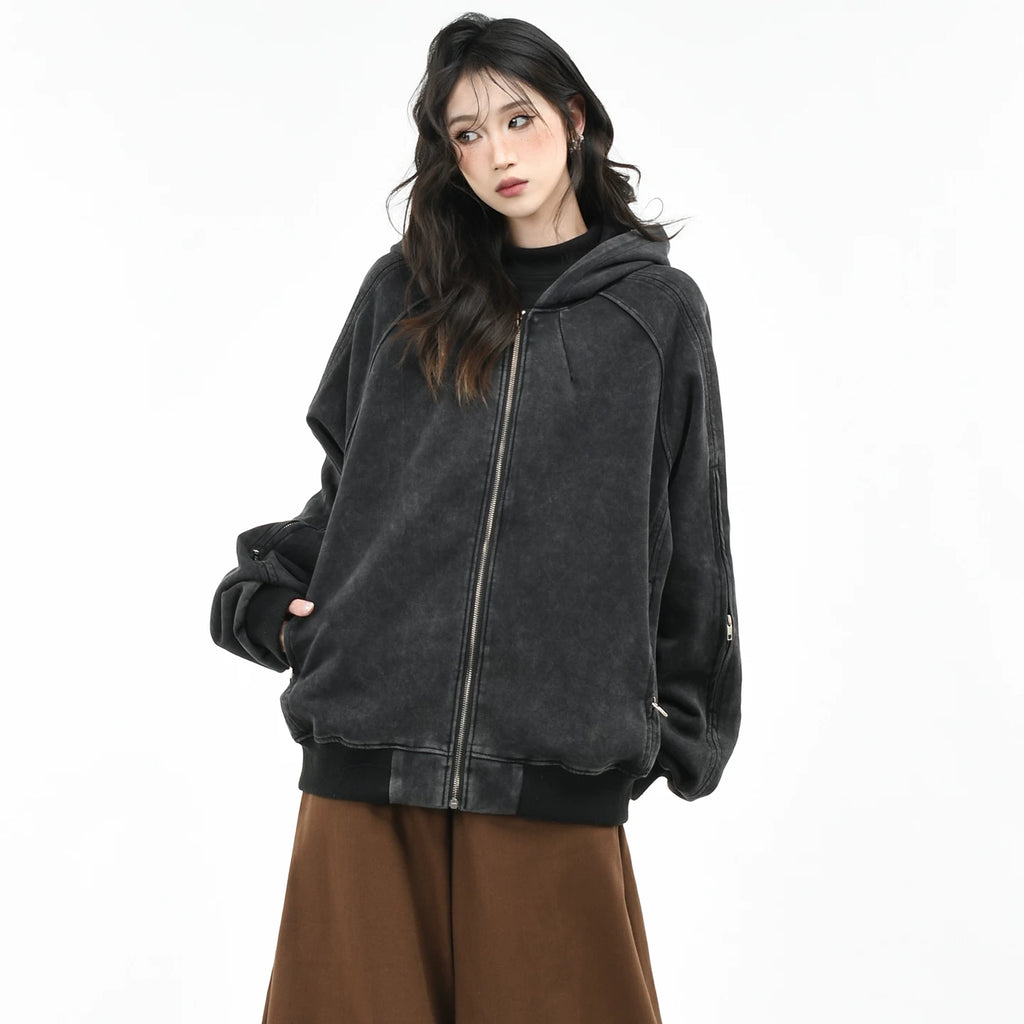 OV original American retro washed vintage hooded cardigan sweatshirt women's autumn silhouette loose casual jacket men's trend