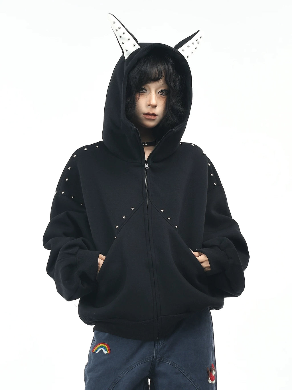 OV original American dog ear design hooded sweatshirt for men and women, autumn loose rivet splicing couple cardigan jacket