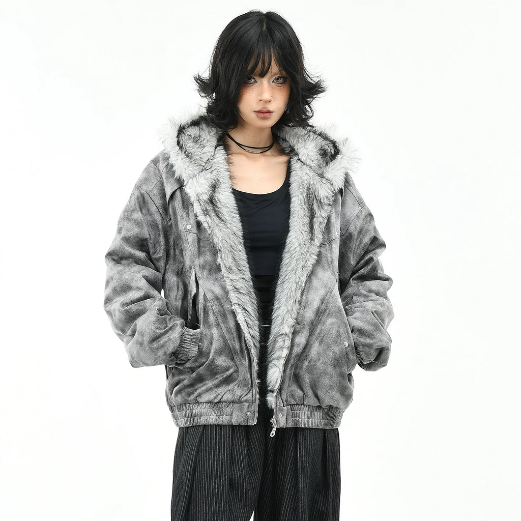 OV original American tie dye mountain carving hooded cotton jacket for women in winter retro loose couple warm cotton clothes trend