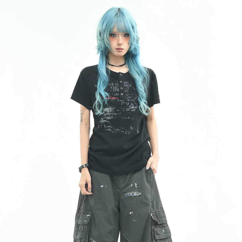 OV original/light Asian style letter graffiti shoulder short sleeved T-shirt for women's summer slim fit short style Henry collar American top