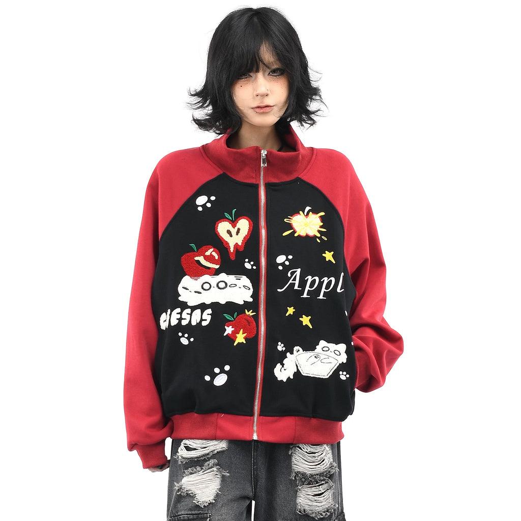 OV Original American Fun Cat Towel Embroidery Cardigan Sweatshirt Men's and Women's Autumn Color Contrasting Loose Casual Coat Trendy
