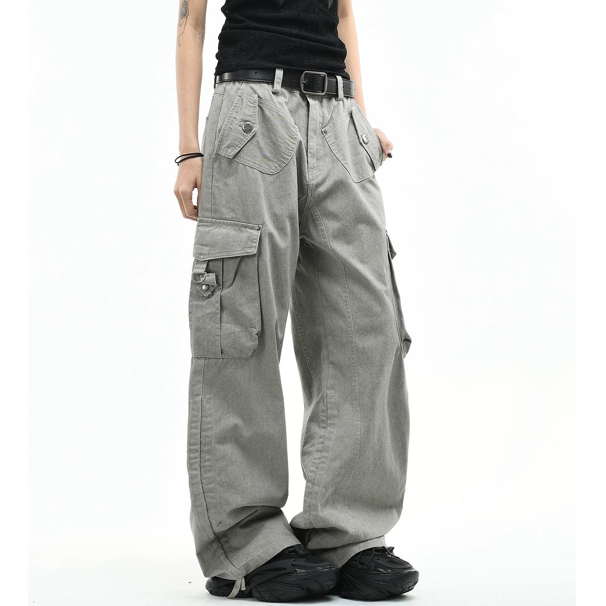 OV original American retro vintage washed multi pocket work pants for men and women, loose wide leg trendy brand couple long pants