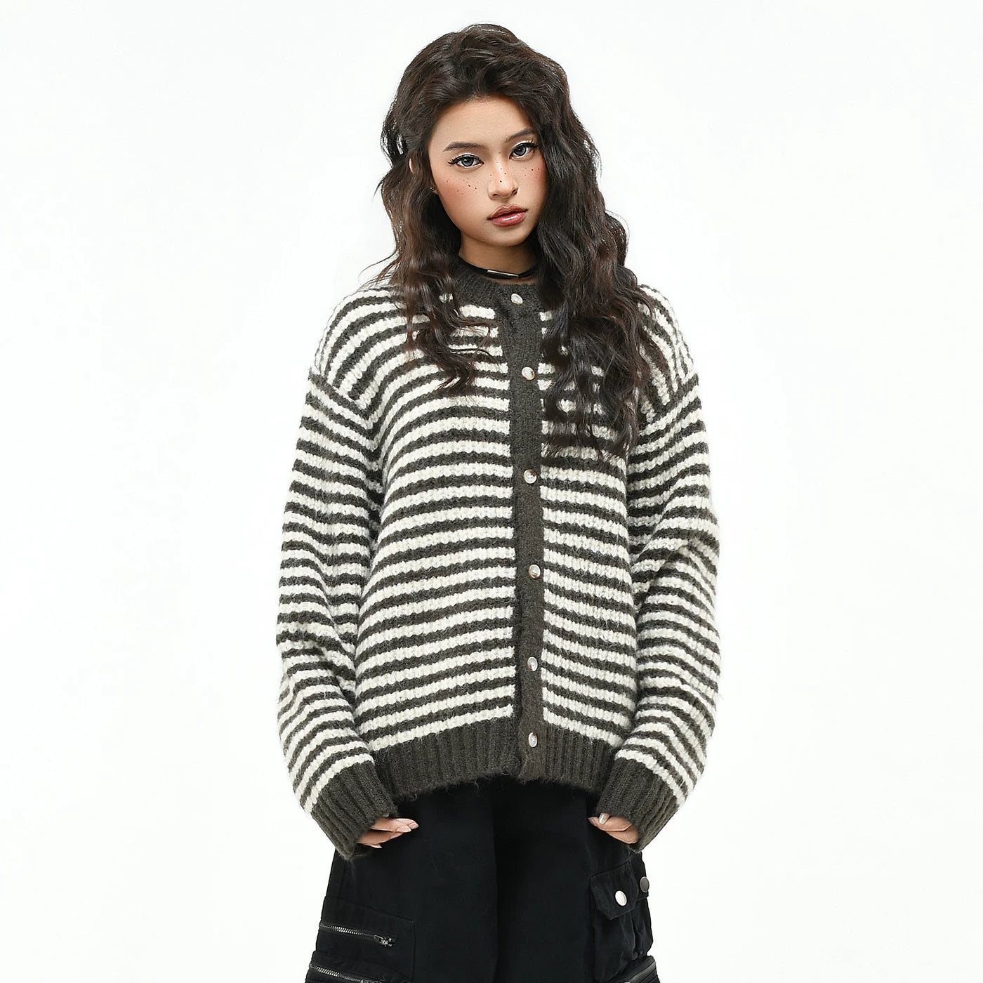 OV original retro striped contrasting lazy knit sweater, men's and women's autumn loose short button cardigan jacket