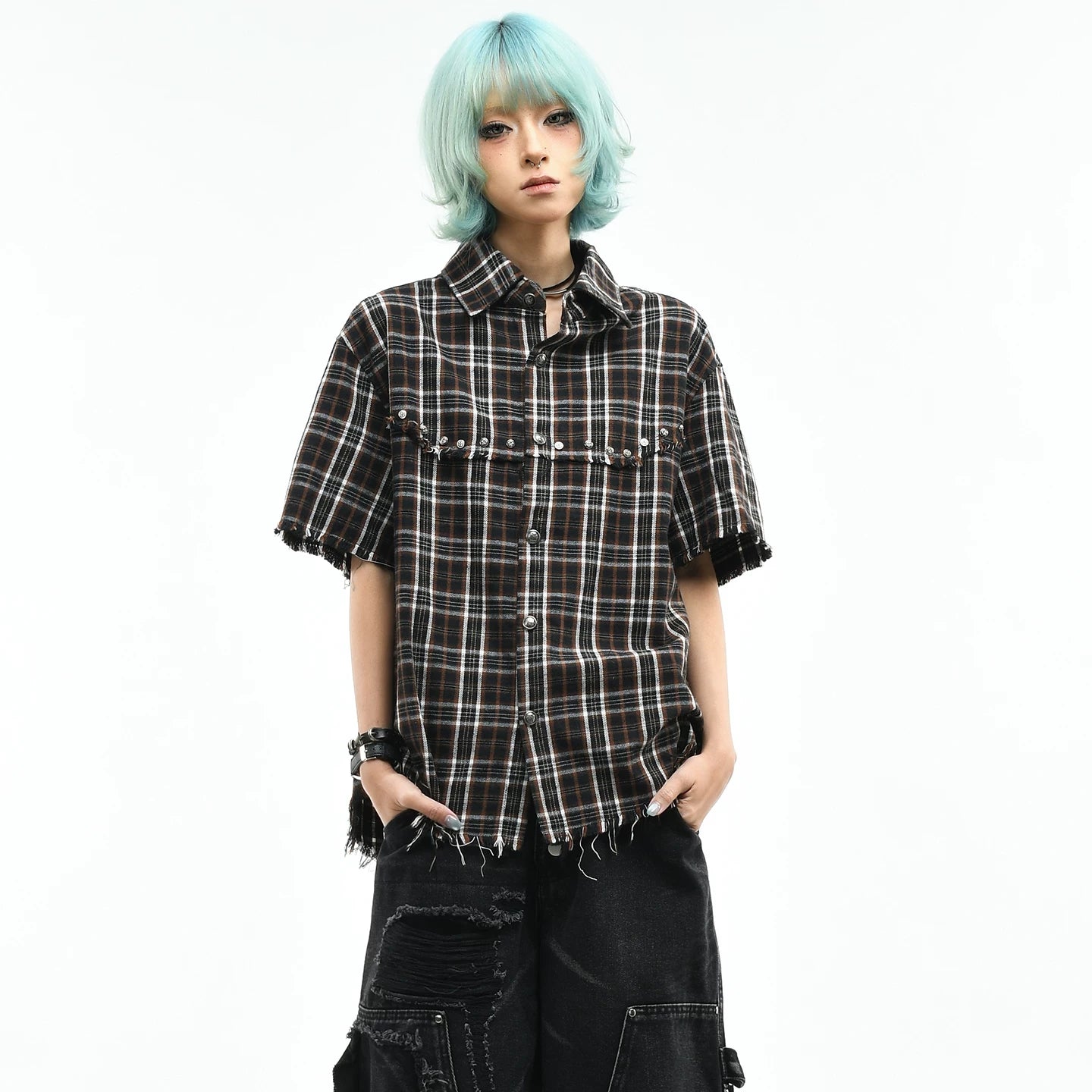 OV original American retro checkered contrasting rivet short sleeved shirt for women in summer, loose short cut with fringed edges, men's trendy shirt
