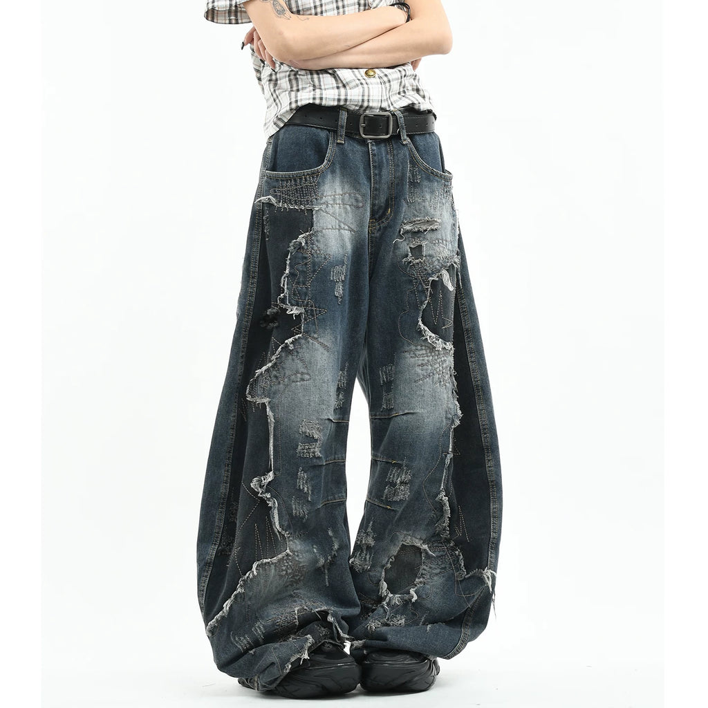 OV original American style random needle embroidery, vintage curved knife jeans, men's and women's destructive splicing, heavyweight loose wide leg pants