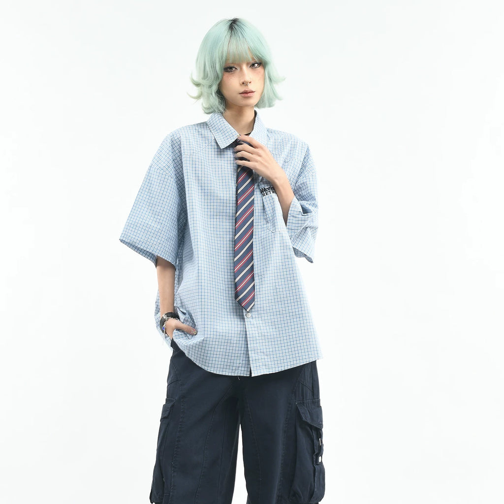 OV original college style contrasting color tie, Thousand Bird plaid shirt, women's summer short sleeved loose couple versatile top, men's