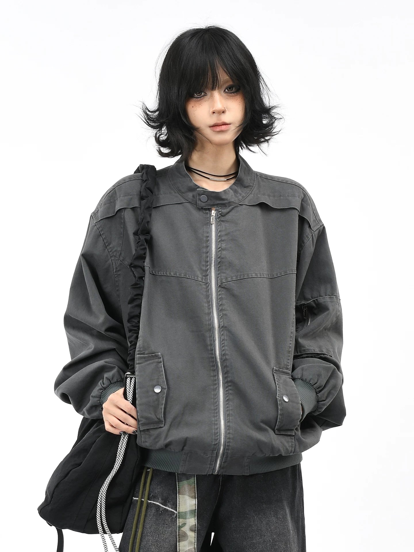 OV original American retro washed distressed stand up collar workwear jacket for men and women, autumn street loose casual jacket trend