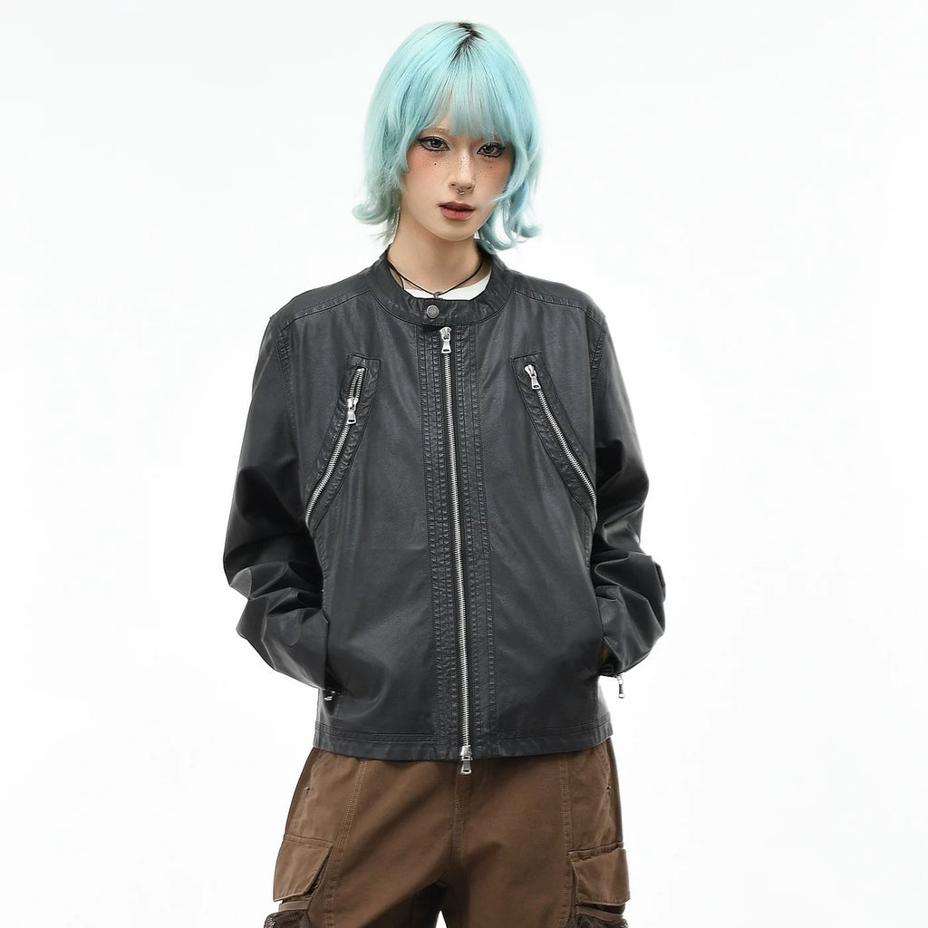 OV original high street motorcycle style PU leather jacket with stand up collar, men's and women's autumn zipper design, cool and stylish short jacket