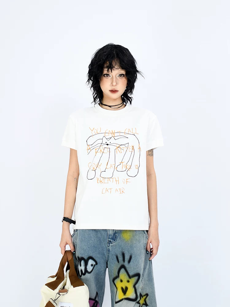 OV Original/Summer American Fun Long Leg Cat Printed Short Sleeve T-shirt for Women Solona Cool Shoulder Top Trendy