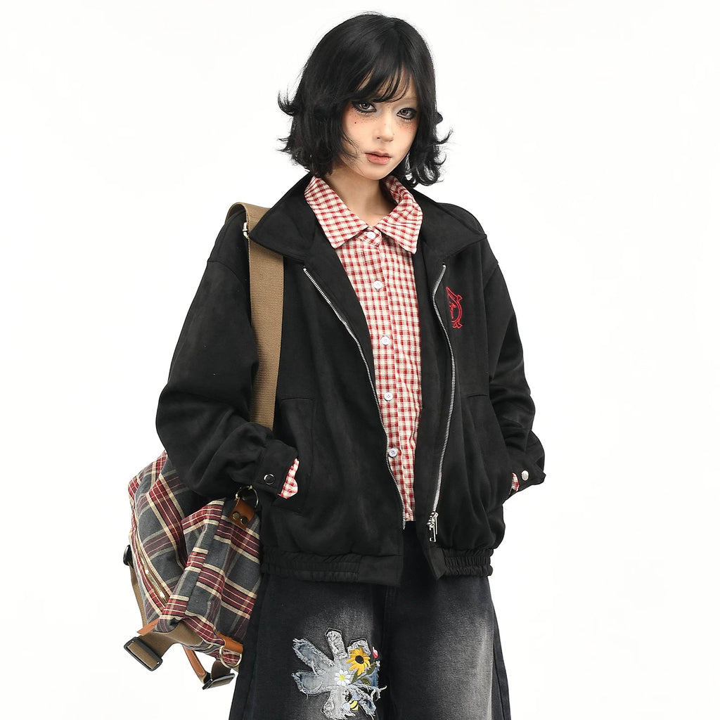 OV original American retro checkered fake two-piece spliced suede jacket for women's autumn loose casual jacket for men's fashion