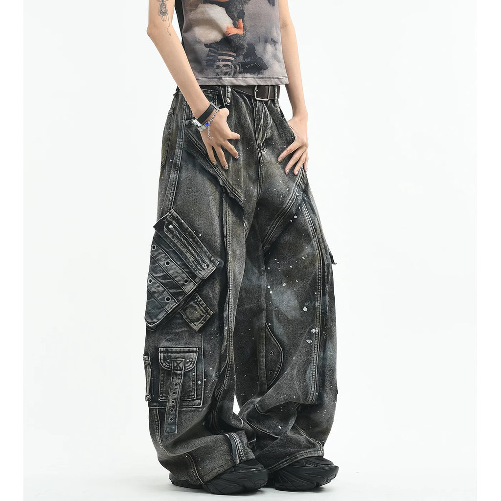OV original American heavyweight deconstruction multi pocket vintage curved jeans for men and women loose wide leg splashed ink long pants