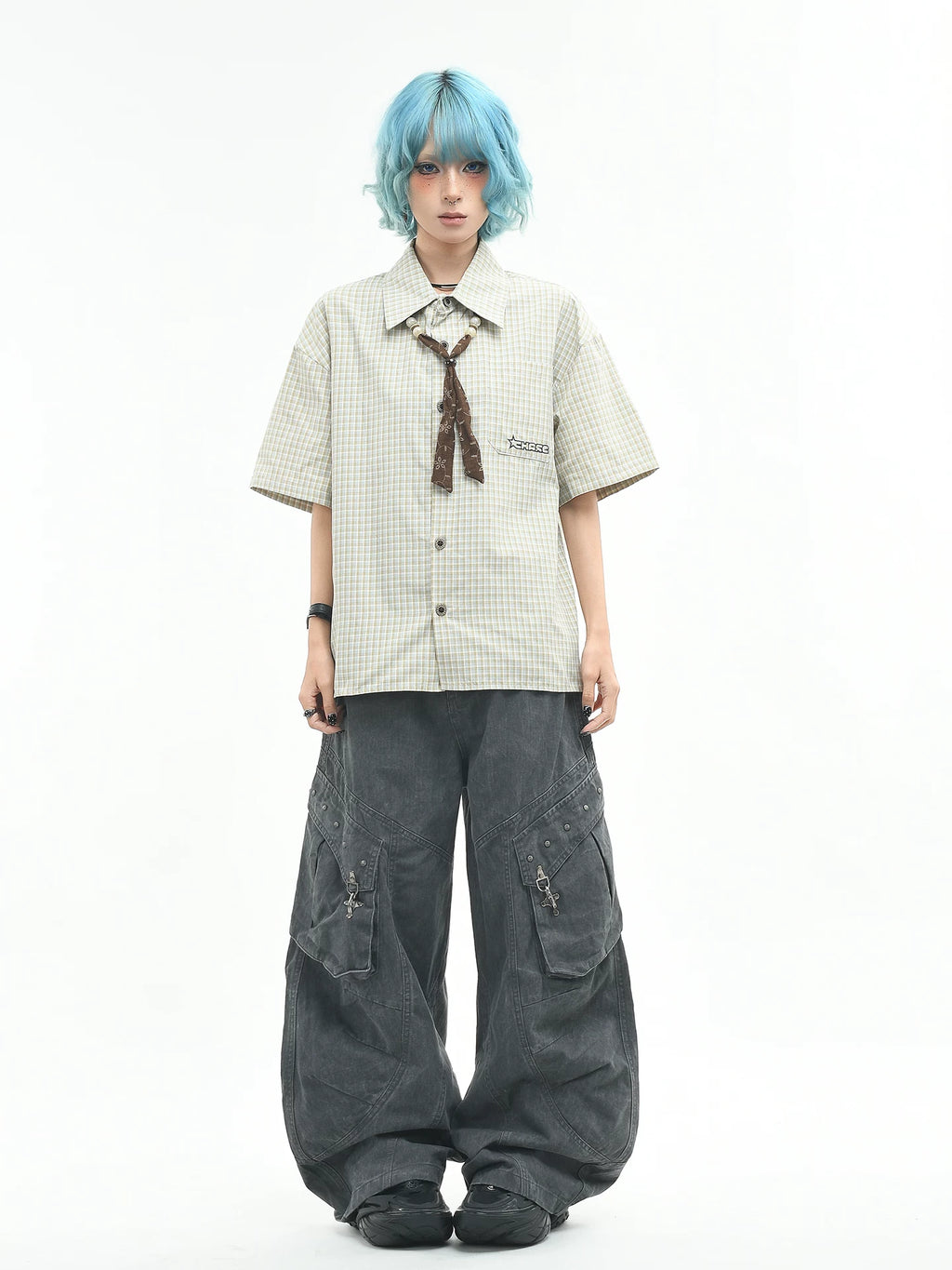 OV原创复古格子撞色短袖衬衫男女夏季宽松学院风领带设计格纹衬衣