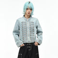 OV original high street Napoleon washed vintage denim jacket for women's autumn slim fit short style breasted stand up collar jacket trend