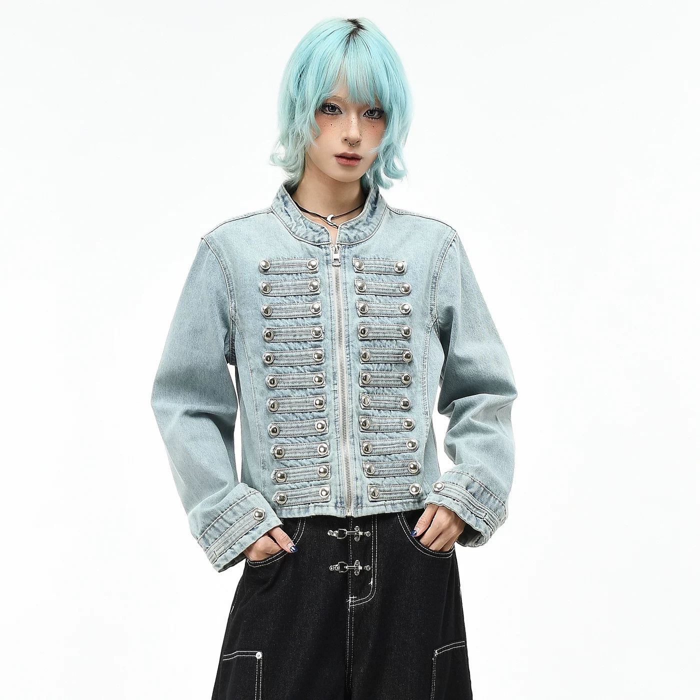 OV original high street Napoleon washed vintage denim jacket for women's autumn slim fit short style breasted stand up collar jacket trend