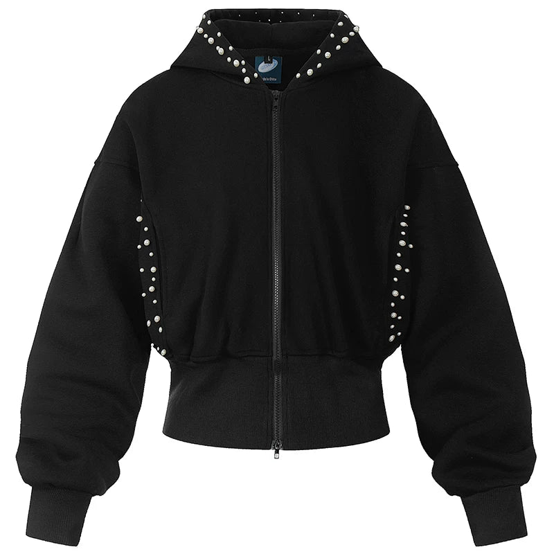 OV original American three-dimensional pearl design sense short hooded sweatshirt for women in autumn lazy style loose cardigan jacket