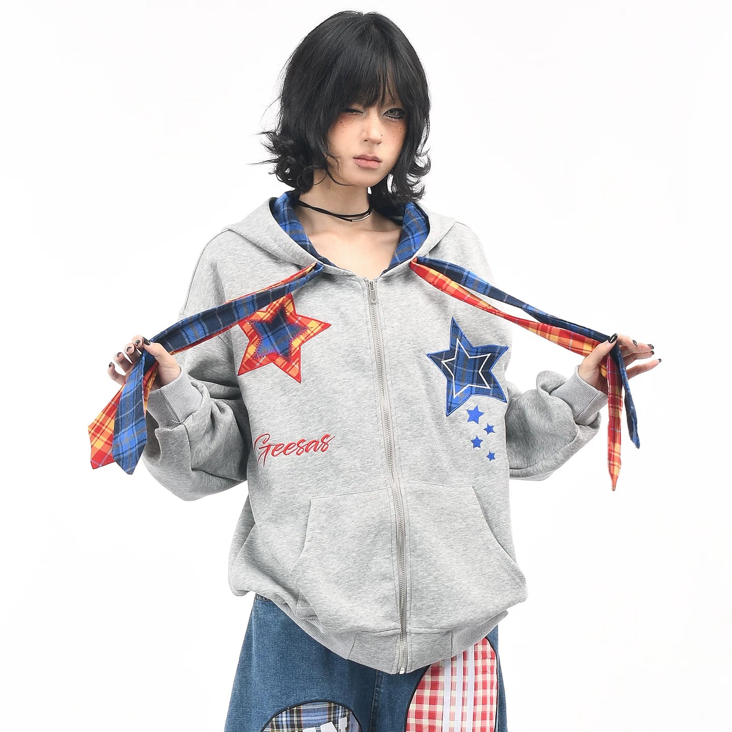 OV original American retro plaid embroidered hooded sweatshirt for women, autumn loose tie design, cardigan jacket for men
