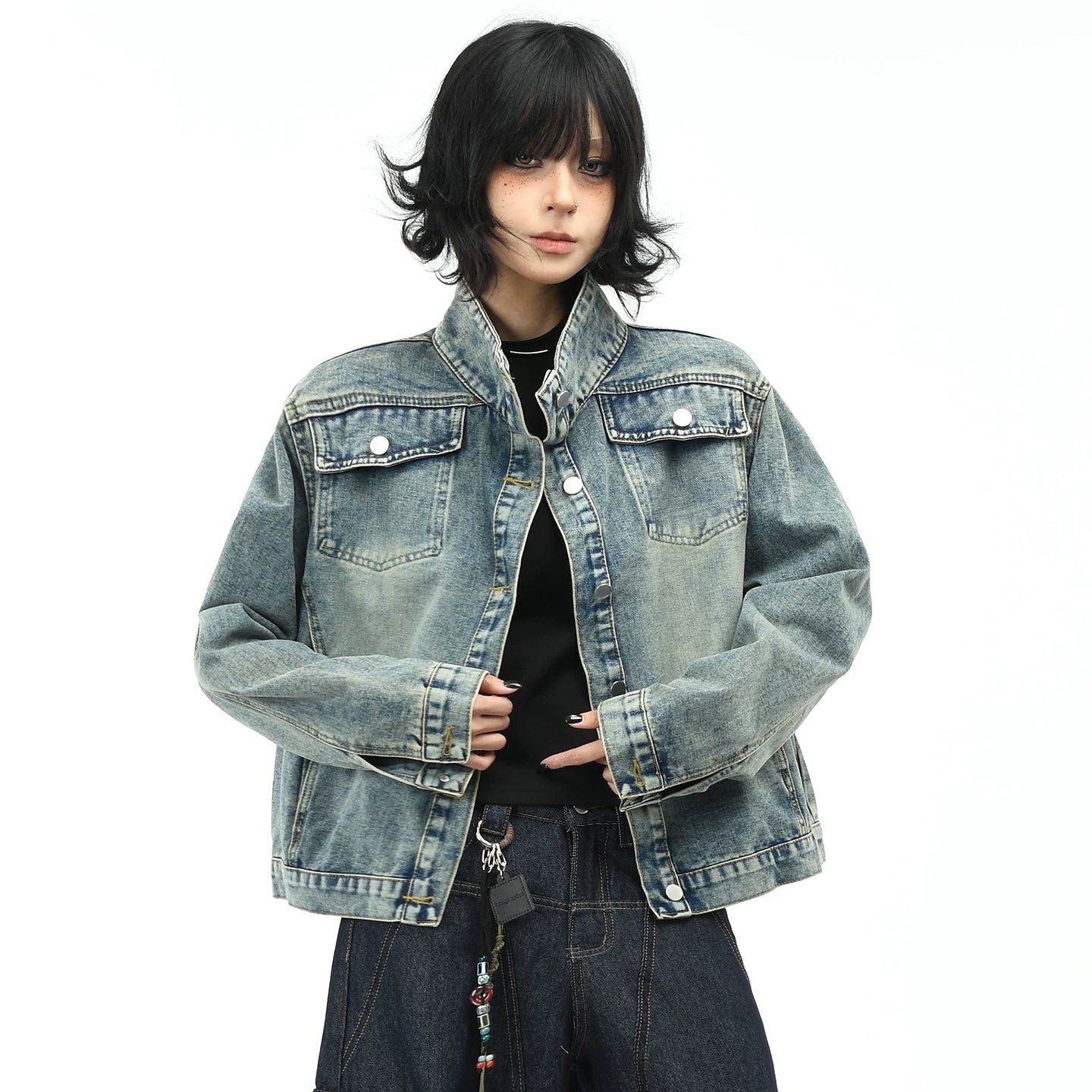 OV original American washed vintage stand up collar denim jacket for women's autumn street ruff and casual short jacket top