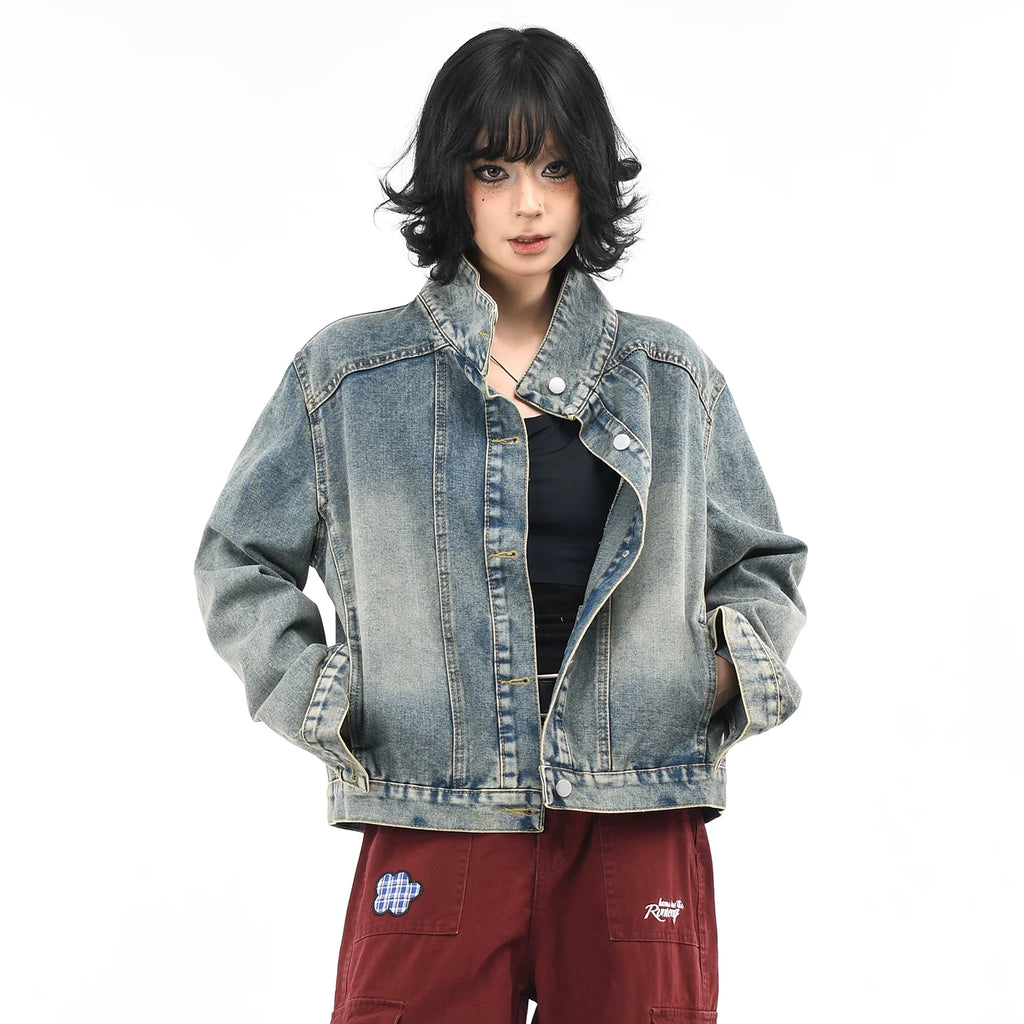 OV original American retro washed vintage denim jacket for women in autumn, loose fit, small stature, slimming short jacket trend