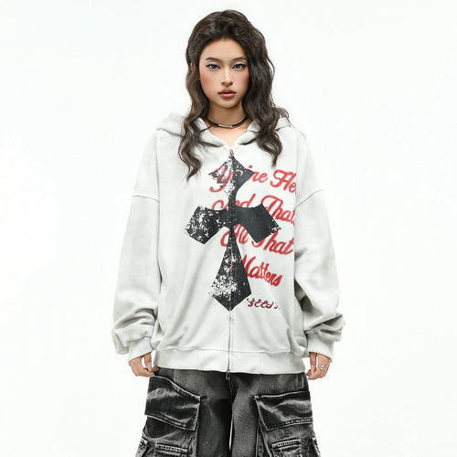 OV original American cross print dirty dye vintage hooded sweatshirt for men and women autumn street loose cardigan jacket