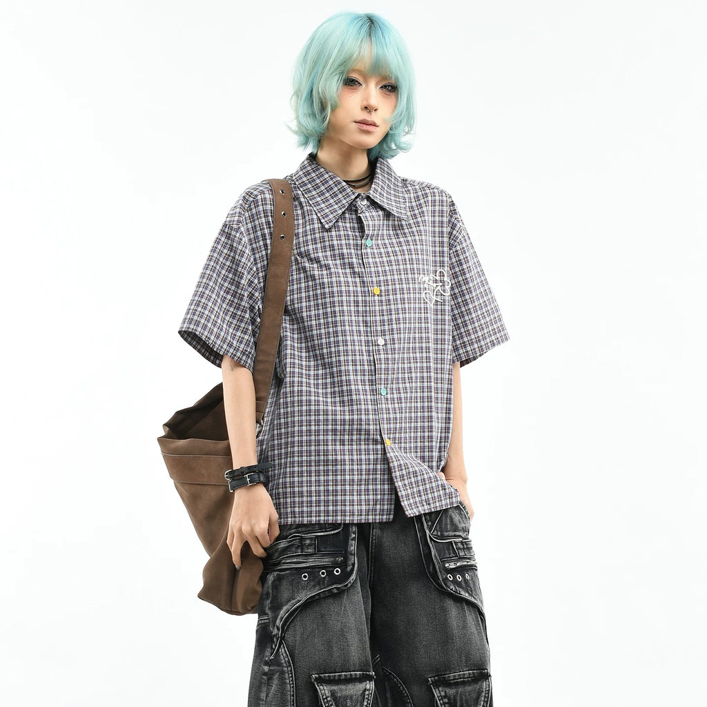 OV original summer new style American retro checkered short sleeved shirt for women, loose college style color button top for men